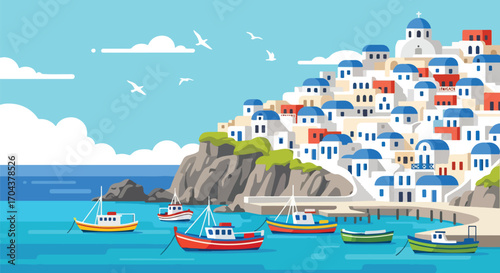 Flat vector illustration of a Greek island village with whitewashed houses, blue-domed roofs, fishing boats, and the Aegean Sea, capturing the charm of Santorini or Mykonos