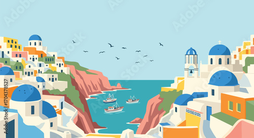 Flat vector illustration of a Greek island village with whitewashed houses, blue-domed roofs, fishing boats, and the Aegean Sea, capturing the charm of Santorini or Mykonos