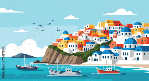 Flat vector illustration of a Greek island village with whitewashed houses, blue-domed roofs, fishing boats, and the Aegean Sea, capturing the charm of Santorini or Mykonos