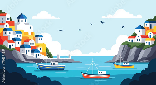 Flat vector illustration of a Greek island village with whitewashed houses, blue-domed roofs, fishing boats, and the Aegean Sea, capturing the charm of Santorini or Mykonos