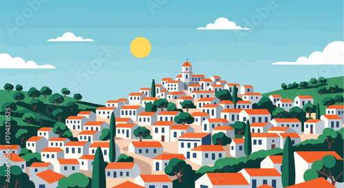 Flat vector illustration of a Mediterranean hillside village with terracotta rooftops, cypress trees, and a church tower, evoking Italian, Greek, or Spanish coastal charm and timeless architecture