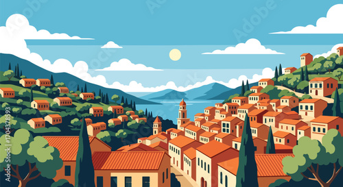 Flat vector illustration of a Mediterranean hillside village with terracotta rooftops, cypress trees, and a church tower, evoking Italian, Greek, or Spanish coastal charm and timeless architecture