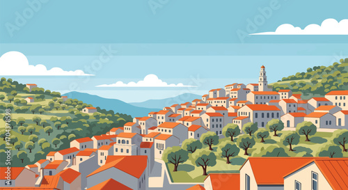Flat vector illustration of a Mediterranean hillside village with terracotta rooftops, cypress trees, and a church tower, evoking Italian, Greek, or Spanish coastal charm and timeless architecture