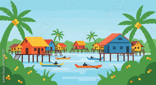 Scenic vector landscape illustration of colorful stilt houses along a tropical river with boats, surrounded by lush jungle, evoking travel, adventure, and cultural exploration