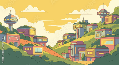 Scenic vector landscape illustration of modern hillside houses surrounded by greenery, showcasing sustainable architecture, eco-living, and harmony between contemporary design and nature
