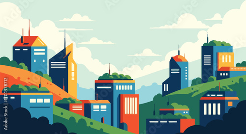 Scenic vector landscape illustration of modern hillside houses surrounded by greenery, showcasing sustainable architecture, eco-living, and harmony between contemporary design and nature