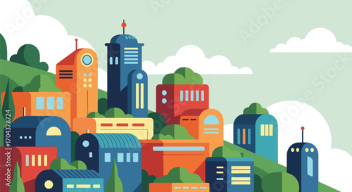 Scenic vector landscape illustration of modern hillside houses surrounded by greenery, showcasing sustainable architecture, eco-living, and harmony between contemporary design and nature
