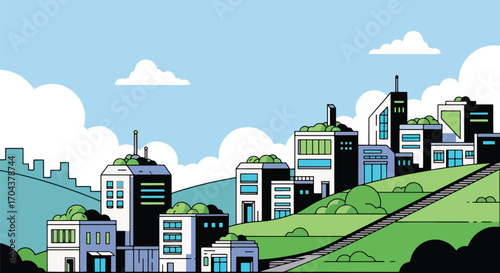 Scenic vector landscape illustration of modern hillside houses surrounded by greenery, showcasing sustainable architecture, eco-living, and harmony between contemporary design and nature