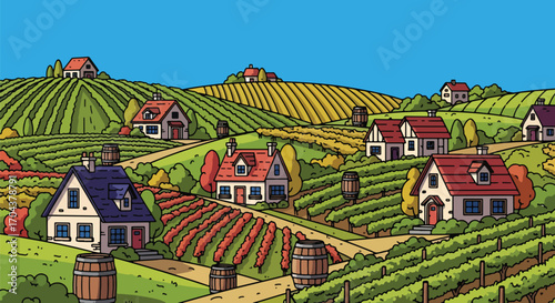 Scenic vector landscape illustration of a vineyard in autumn with colorful fields, cottages, and rolling hills, symbolizing wine culture, countryside charm, and seasonal beauty
