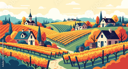 Scenic vector landscape illustration of a vineyard in autumn with colorful fields, cottages, and rolling hills, symbolizing wine culture, countryside charm, and seasonal beauty