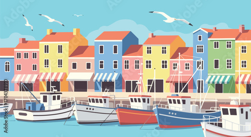 Scenic vector landscape illustration of a colorful harbor town with fishing boats, waterfront houses, and striped awnings, capturing coastal charm, tourism, and maritime lifestyle
