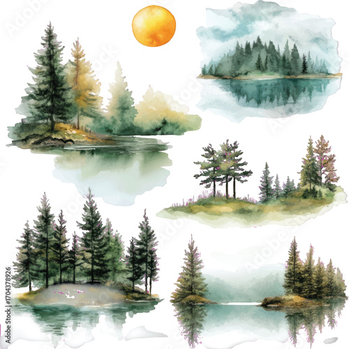 Watercolor Pine Forest and Lake Scenes with Sun and Reflections pine trees