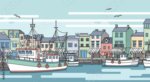 Scenic vector landscape illustration of a colorful harbor town with fishing boats, waterfront houses, and striped awnings, capturing coastal charm, tourism, and maritime lifestyle
