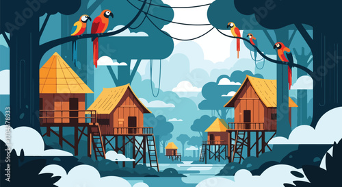 Scenic vector landscape illustration of wooden treehouses in a tropical forest with parrots, symbolizing eco-tourism, adventure travel, and harmony with nature