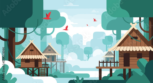 Scenic vector landscape illustration of wooden treehouses in a tropical forest with parrots, symbolizing eco-tourism, adventure travel, and harmony with nature