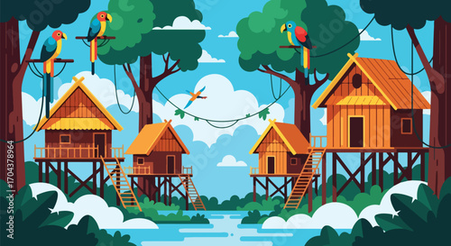 Scenic vector landscape illustration of wooden treehouses in a tropical forest with parrots, symbolizing eco-tourism, adventure travel, and harmony with nature