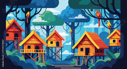 Scenic vector landscape illustration of wooden treehouses in a tropical forest with parrots, symbolizing eco-tourism, adventure travel, and harmony with nature