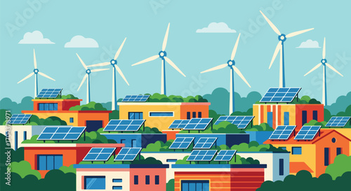 Scenic vector illustration of a sustainable city with solar panels, wind turbines, and green rooftops, representing renewable energy, eco-friendly architecture, and modern urban innovation