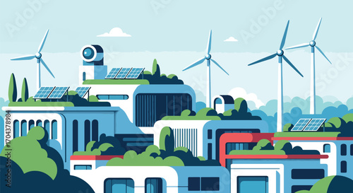 Scenic vector illustration of a sustainable city with solar panels, wind turbines, and green rooftops, representing renewable energy, eco-friendly architecture, and modern urban innovation
