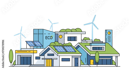 Scenic vector illustration of a sustainable city with solar panels, wind turbines, and green rooftops, representing renewable energy, eco-friendly architecture, and modern urban innovation