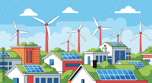 Scenic vector illustration of a sustainable city with solar panels, wind turbines, and green rooftops, representing renewable energy, eco-friendly architecture, and modern urban innovation