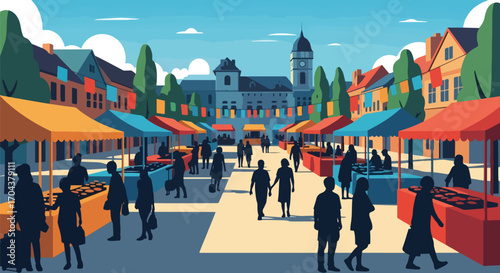 Scenic vector illustration of a lively street market with people shopping, colorful stalls, and festive banners, capturing community, culture, and the vibrant atmosphere of local commerce