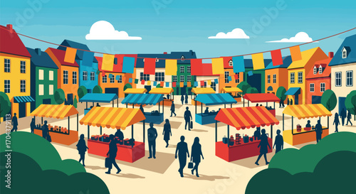 Scenic vector illustration of a lively street market with people shopping, colorful stalls, and festive banners, capturing community, culture, and the vibrant atmosphere of local commerce