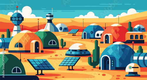 Scenic vector landscape illustration of a futuristic Mars colony with geodesic domes and solar panels, symbolizing space exploration, sustainable living, and advanced technology