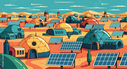 Scenic vector landscape illustration of a futuristic Mars colony with geodesic domes and solar panels, symbolizing space exploration, sustainable living, and advanced technology