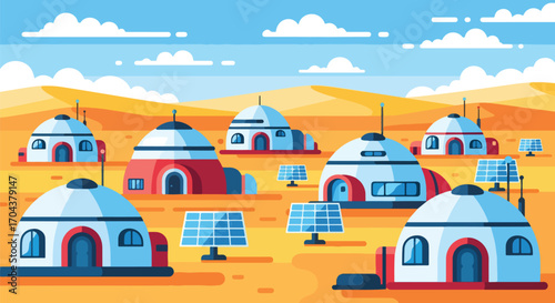 Scenic vector landscape illustration of a futuristic Mars colony with geodesic domes and solar panels, symbolizing space exploration, sustainable living, and advanced technology