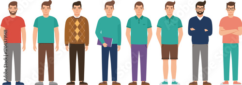 Cartoon male characters, diverse outfits, casual and formal styles, vector illustration, young adults, hairstyle variety, fashion design, student concept, emotion