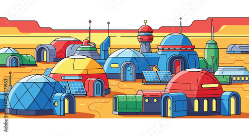 Scenic vector landscape illustration of a futuristic Mars colony with geodesic domes and solar panels, symbolizing space exploration, sustainable living, and advanced technology