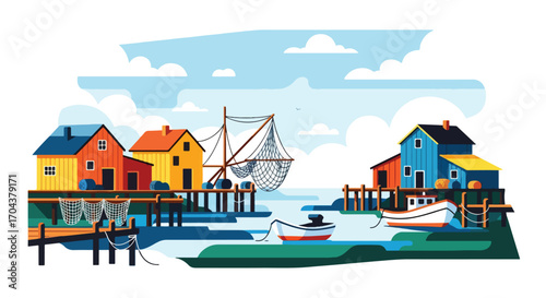 Scenic vector landscape illustration of a colorful fishing village with wooden docks, boats, and nets by the water, capturing coastal charm, livelihood, and seaside travel inspiration