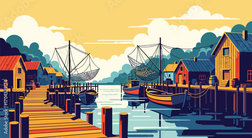 Scenic vector landscape illustration of a colorful fishing village with wooden docks, boats, and nets by the water, capturing coastal charm, livelihood, and seaside travel inspiration