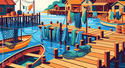 Scenic vector landscape illustration of a colorful fishing village with wooden docks, boats, and nets by the water, capturing coastal charm, livelihood, and seaside travel inspiration