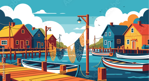 Scenic vector landscape illustration of a colorful fishing village with wooden docks, boats, and nets by the water, capturing coastal charm, livelihood, and seaside travel inspiration