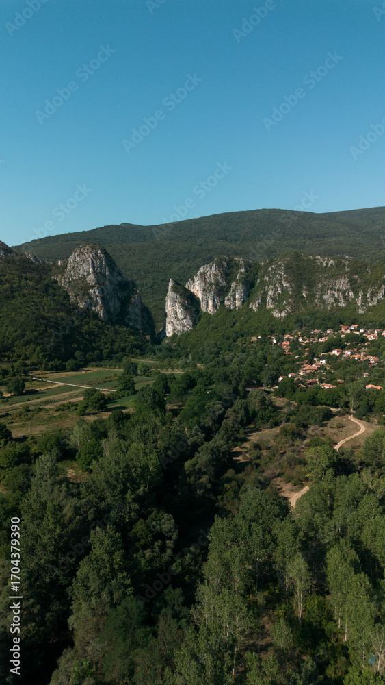 Obraz premium Aerial view of Jerma Canyon in Serbia with a small village surrounded by rocky cliffs and green forest