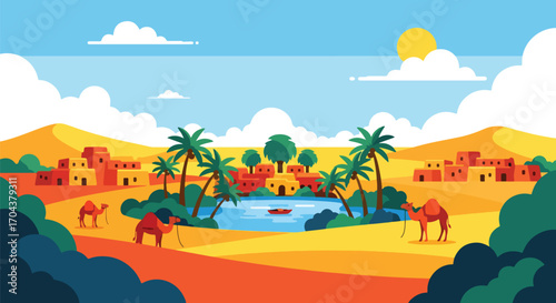 Scenic vector landscape illustration of a desert oasis with palm trees, camels, and traditional houses, symbolizing survival, culture, and travel in an arid environment