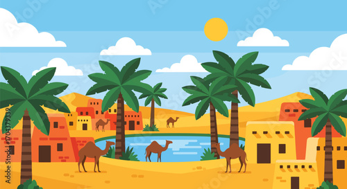 Scenic vector landscape illustration of a desert oasis with palm trees, camels, and traditional houses, symbolizing survival, culture, and travel in an arid environment