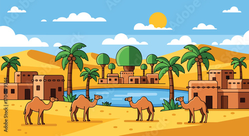 Scenic vector landscape illustration of a desert oasis with palm trees, camels, and traditional houses, symbolizing survival, culture, and travel in an arid environment