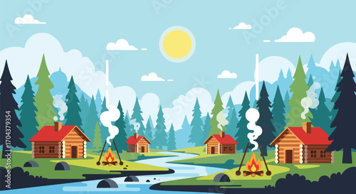 Scenic vector landscape illustration of wooden cabins with campfires by a river in a pine forest, evoking nature, relaxation, outdoor adventure, and peaceful travel escape