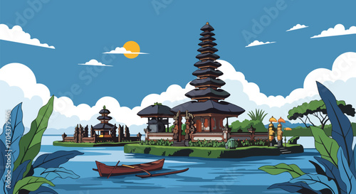 Scenic vector landscape illustration of a Bali traditional temple on a lake with mountains in the background, showcasing serene nature, cultural architecture, and peaceful travel inspiration