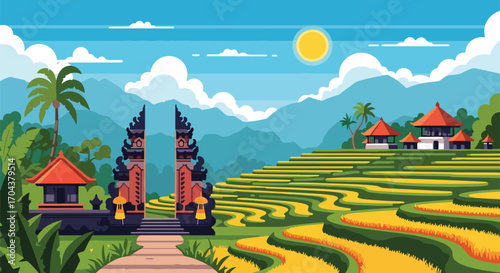 Scenic vector landscape illustration of Bali rice terraces, traditional temple gates, and tropical houses with mountains and palm trees, capturing the beauty of culture, nature, and travel inspiration