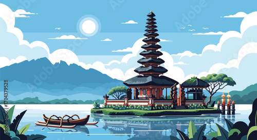 Scenic vector landscape illustration of a Bali traditional temple on a lake with mountains in the background, showcasing serene nature, cultural architecture, and peaceful travel inspiration