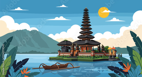 Scenic vector landscape illustration of a Bali traditional temple on a lake with mountains in the background, showcasing serene nature, cultural architecture, and peaceful travel inspiration