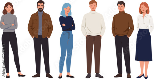 Cartoon people, fashion diversity, modern outfits, casual clothing, character design, hairstyle variety, standing poses, stylish group, vector illustration, personality
