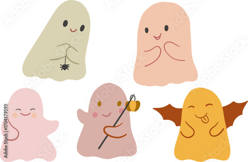 Doodle ghosts vector icons set for Halloween. Cute childish characters with pumpkin, bat, spider, web, wings, Smiling kids elements for print and nursery decor