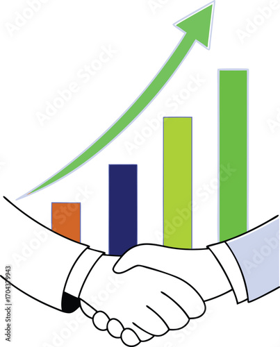 Handshake transforms into upward growing bar chart illustrating business success vector illustration
