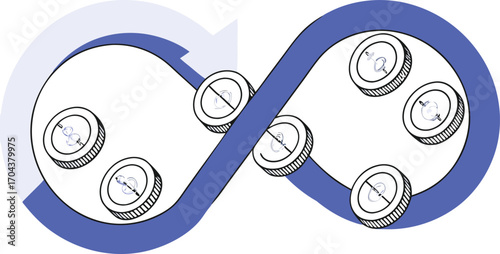 Endless loop with coins inside representing continuous flow of money and investment vector graphic