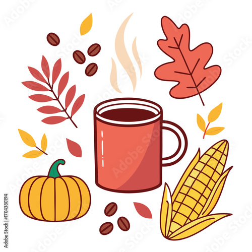 Steaming red mug sits amid coffee beans, leaves, pumpkin, and corn, over white